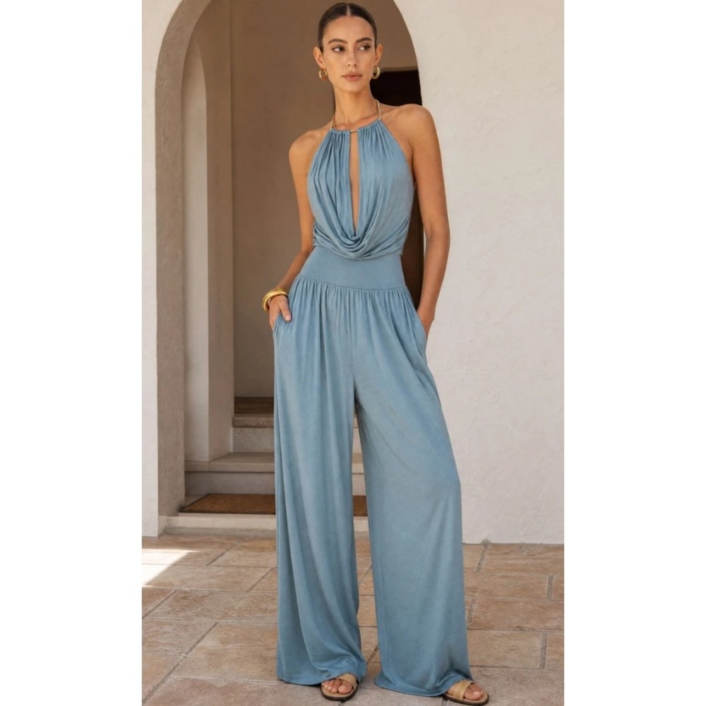 Micas Blue Metallic Halter Draped Cowl Neck Bodysuit and Wide Leg Pants Set S
